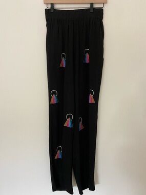 Seek Collective 100% Silk Pants with Rainbow Tassel Embroidery